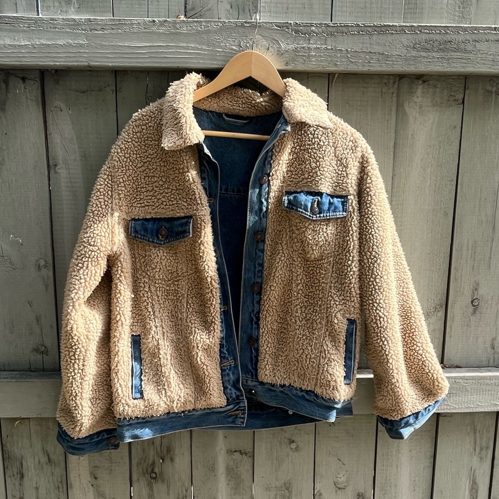 Shearling and denim reversible jacket